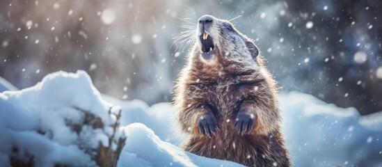 A terrestrial animal with fur, a groundhog, is seen standing in the winter snow with its mouth open, possibly looking for water. A unique event in the snowy landscape