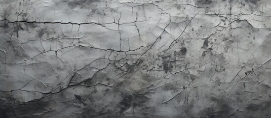 A close up of a cracked concrete wall texture in grey monochrome, resembling a pattern of wood grain. The landscape is barren with twigs, soil, and patches of grass