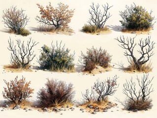 dry bushes without leaves, dry branches, isometric view
