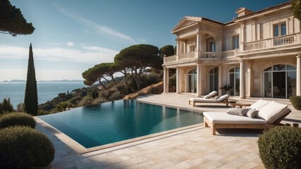 Fototapeta premium Exquisite mansion perched on the serene shores of the French Riviera, offering sweeping views of the azure Mediterranean and private terraces overlooking the coastal beauty