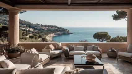 Foto op Canvas Exquisite mansion perched on the serene shores of the French Riviera, offering sweeping views of the azure Mediterranean and private terraces overlooking the coastal beauty © Damian Sobczyk