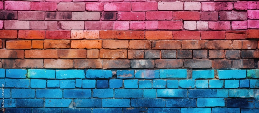 Poster a rectangular brick wall adorned with a vibrant rainbow of colors, creating an artistic pattern of e