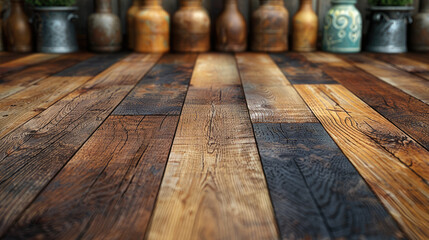wooden floor with pots afar  - obrazy, fototapety, plakaty