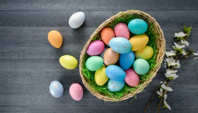 decorative pastel colored easter eggs on grey wooden table surface, top down view, shot on Agfa Optima 1a camera