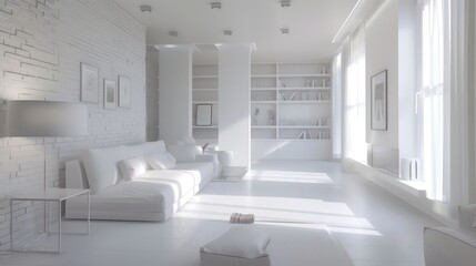 Fototapeta na wymiar total white and empty modern home with decorated walls lamps, frames and shelves