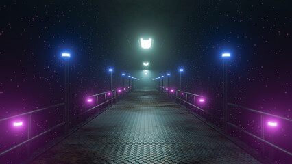 Three-Dimensional Illustration. A Tunnel With Smoke Illuminated By Neon Lighting And Magic Bubbles For Sci-Fi Wallpapers And Templates 