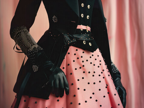 Style features a black suit jacket with a pink taffeta skirt adorned with black ribbons. Paired with black gloves, the ensemble is captured in a close-up shot