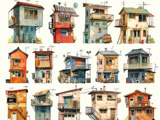 Fototapeta na wymiar watercolor industrial tiny houses
