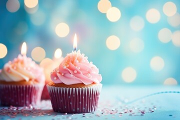 Colorful birthday cupcake with single candle on blurred background. Festive dessert for holiday party. Baby shower, weeding, Valentine's or Women's day. Greeting card or banner with copy space
