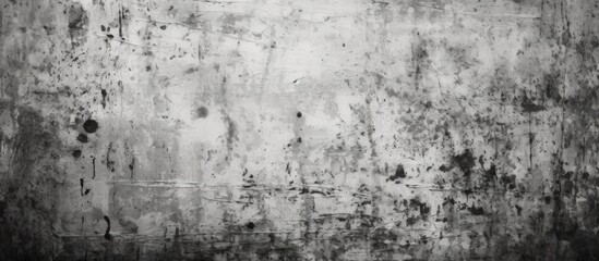 Fototapeta premium A monochrome photo of a concrete wall in the city, with a pattern of cracks. The landscape includes grass and plants growing through the soil