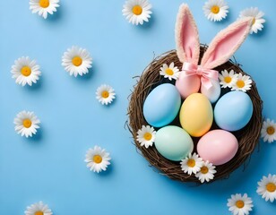 Naklejka na ściany i meble Easter eggs in a basket, blue background 