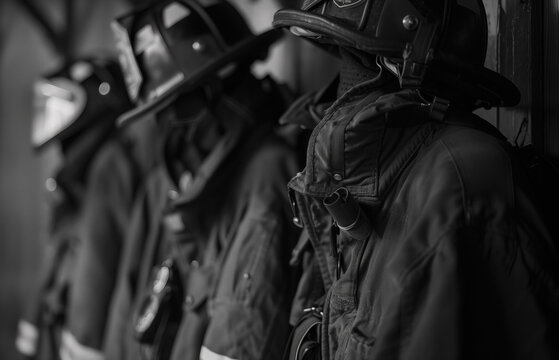 A firefighter's helmets and coats hang neatly in the fire station, ready for action. Black and white image