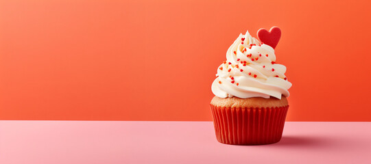 Cupcake with cream cheese frosting and sugar hearts on red background. Valentine's day or birthday dessert. Festive food for wedding or baby shower. Banner with copy space