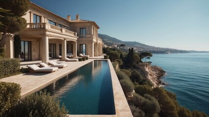 Fototapeta premium Exquisite mansion perched on the serene shores of the French Riviera, offering sweeping views of the azure Mediterranean and private terraces overlooking the coastal beauty