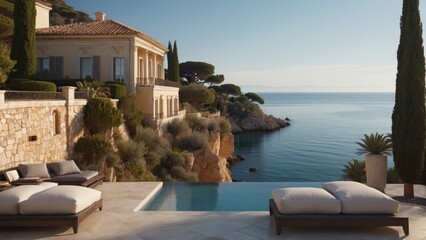 Obraz premium Exquisite mansion perched on the serene shores of the French Riviera, offering sweeping views of the azure Mediterranean and private terraces overlooking the coastal beauty