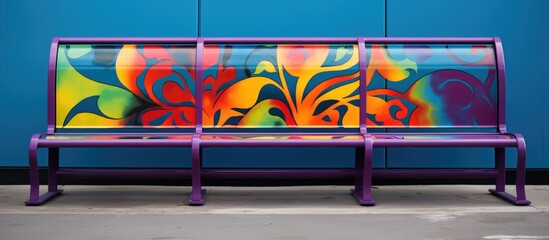 A magenta bench with a symmetrical painting in tints and shades of electric blue graffiti art is...