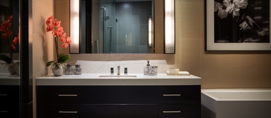 Contemporary bathroom featuring vanity, sink, and spacious illuminated mirror
