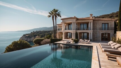 Fototapeta premium Exquisite mansion perched on the serene shores of the French Riviera, offering sweeping views of the azure Mediterranean and private terraces overlooking the coastal beauty