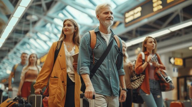 Diverse business professionals walking in airport concourse with luggage, vibrant wayfinding signs