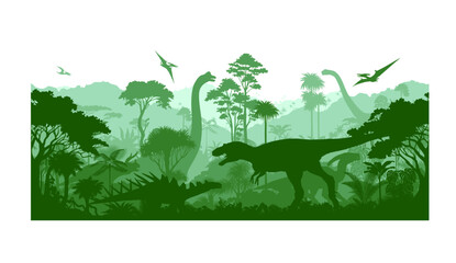 Vector prehistoric seamless jungle background with dinosaurs: Albertosaurus, Kentrosaurus, triceratops, brontosaurus and pterodactyl  © Save Jungle