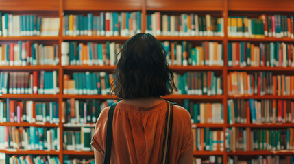 Woman with Books; Library or Bookstore Scene