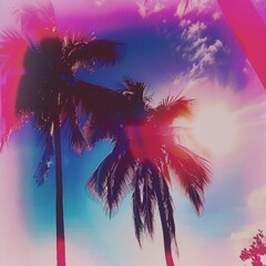 Retro summer colorful Instagram texture background with palm trees and sun. Cool 1980s polaroid vintage style look. Miami dance party vibes. 