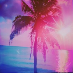 Retro summer Instagram texture background with palm trees, sun and  ocean. 1980s polaroid vintage style look. Miami dance party vibes. 