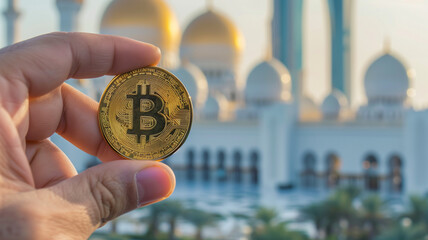 Hand holding a golden Bitcoin with a Mosque in Abu Dhabi, UAE out of focus in the background	
