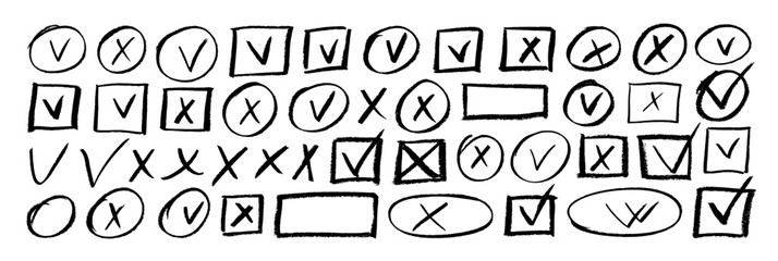 Hand drawn charcoal check marks and crosses in oval or square frames. Empty and filled boxes for answers in test, confirmation or negation crayon icons.