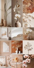 Minimalist flowers interior design mood board with beautiful elements, minimalist approach, home decor design and decoration, winter vibes, trendy and feminine 