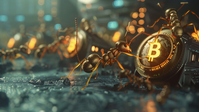 Wallpaper background of ants carrying gold Bitcoins back to their nest 