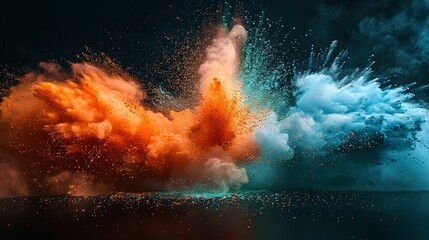 Colored powder explosion. Green, white and orange colors dust on black background. Multicolored powder splash background