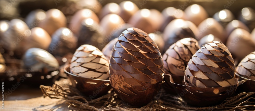 Canvas Prints A variety of chocolate eggs made with natural ingredients are displayed on a wooden table, blending cuisine with the superfood qualities of chocolate