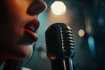 Woman singing into vintage microphone on stage with dramatic lighting and a moody atmosphere.