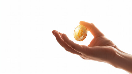 Wallpaper background of a hand catching a gold Bitcoin with a white background and backlighting
