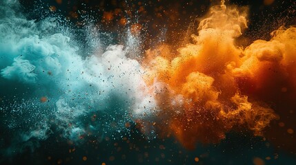 Fototapeta premium Colored powder explosion. Green, white and orange colors dust on black background. Multicolored powder splash background