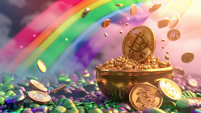 Saint Patrick's Day themed wallpaper background of a pot of gold Bitcoins at the end of a rainbow	
