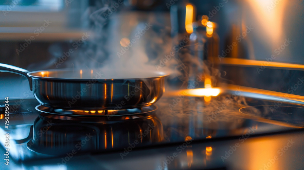 Poster the smooth surface of an induction cooktop with no visible coils or burners creating a clean and mod