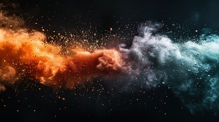 Colored powder explosion. Green, white and orange colors dust on black background. Multicolored powder splash background