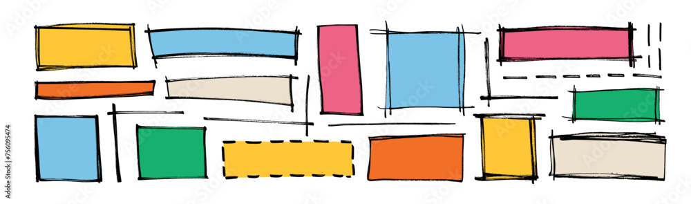Poster hand drawn colored rectangle frames silhouettes with pencil outlines. scribble pencil drawn squares 