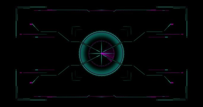 A futuristic screen with a circular logo at the center, set against a backdrop of electric blue automotive lighting on a dark background, exuding symmetry and entertainment vibes