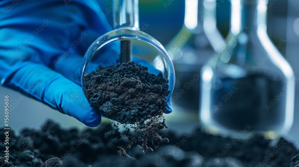 Poster a closeup of a soil sample shows the presence of biochar a type of nanomaterial that is being used t