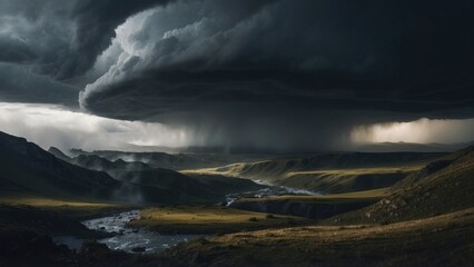 Fototapeta premium Describe a tumultuous open world landscape amidst a powerful storm, where nature's fury and breathtaking views collide in a mesmerizing display