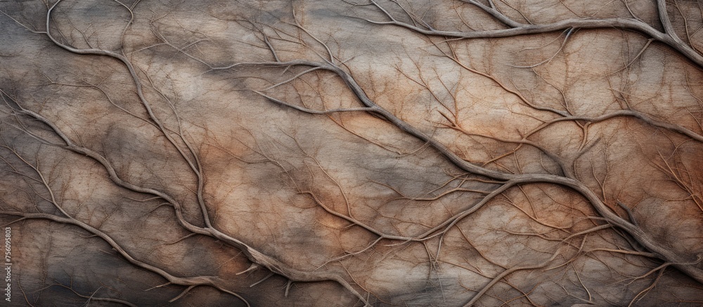 Poster a detailed look at the intricate pattern of a tree trunk with branches and leaves, set against a bac