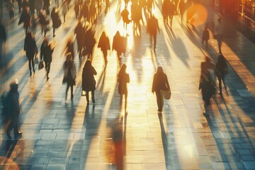 Blurred silhouettes of people crossing street with cityscape and sunlight