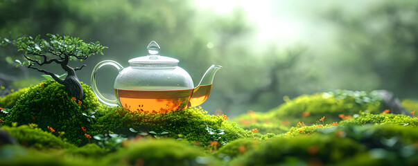 Glass tea kettle with Chinese green or herbal tea and plantation on background. Beautiful landscape with valley mountains. Hot morning drink. Travel concept. Banner with copy space - obrazy, fototapety, plakaty