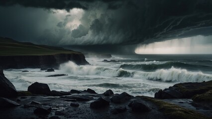 Describe a tumultuous open world landscape amidst a powerful storm, where nature's fury and breathtaking views collide in a mesmerizing display