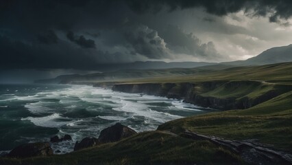 Fototapeta premium Describe a tumultuous open world landscape amidst a powerful storm, where nature's fury and breathtaking views collide in a mesmerizing display