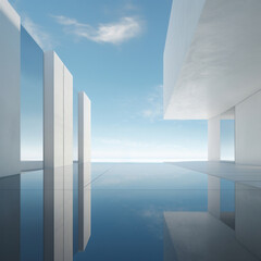 A minimalist architectural design with a reflective floor, clear skies, and strong geometric lines.