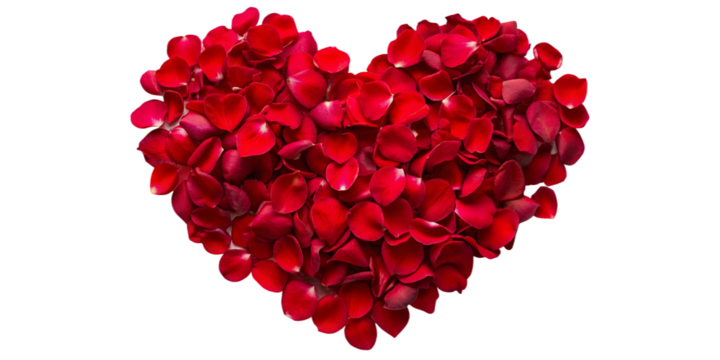 Strip of scattered red rose petals in heart shape